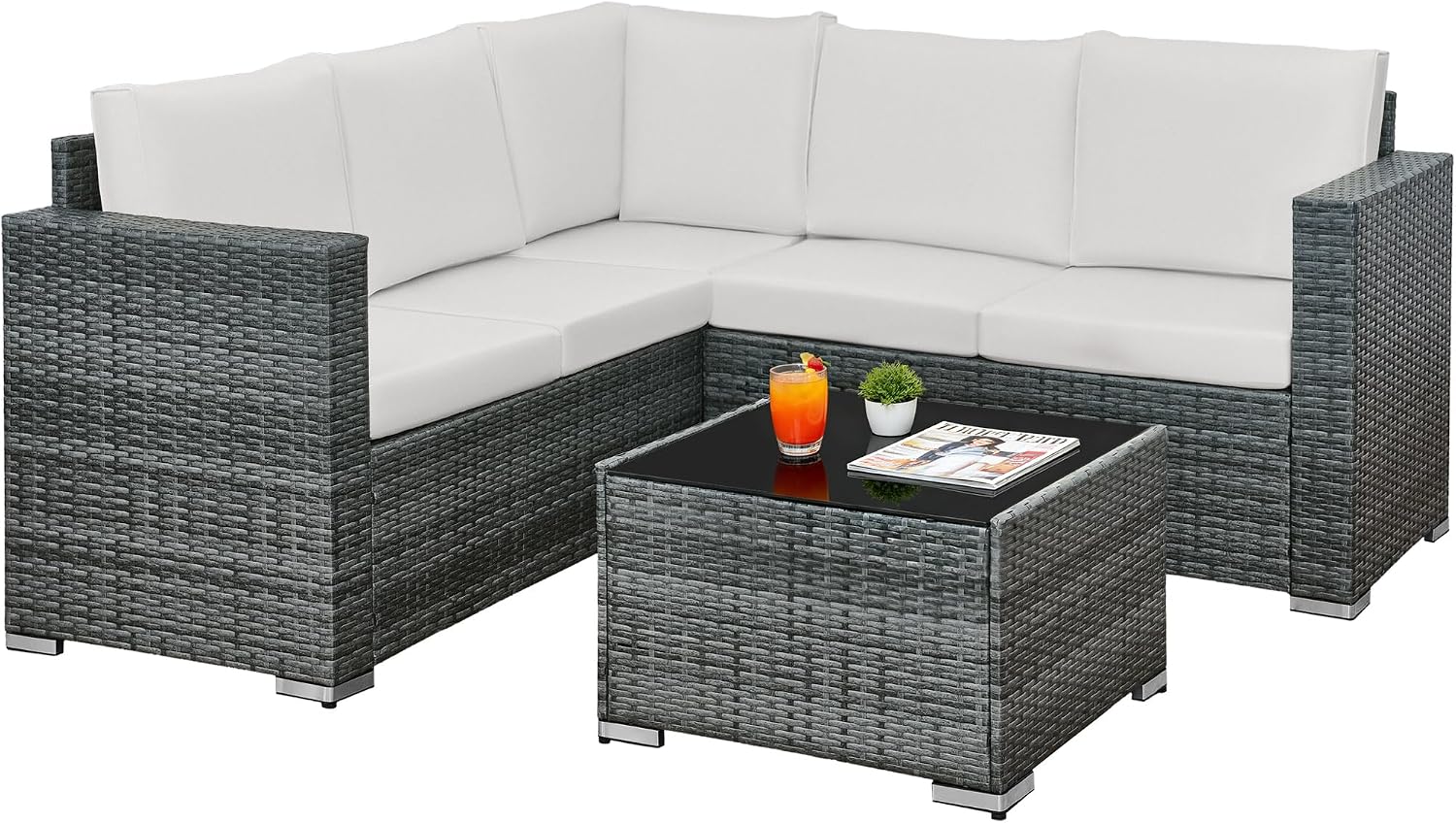 rattanstar Rattan Garden Furniture Set, 5-Seater - Corner Sofa with Glass-Top Coffee Table