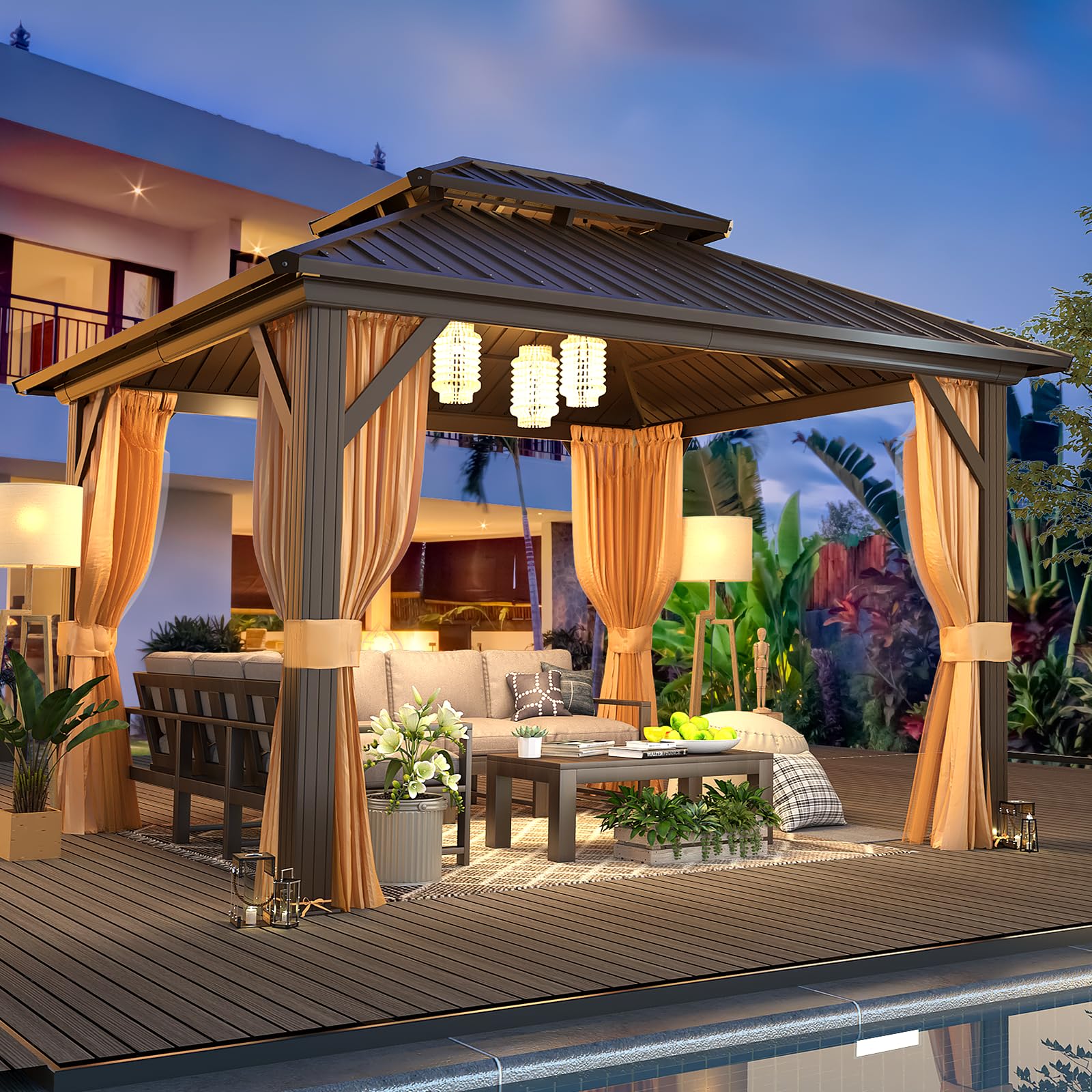 MELLCOM Hardtop Gazebo - 3 x 3.6m, Aluminum Double Roof, Brown