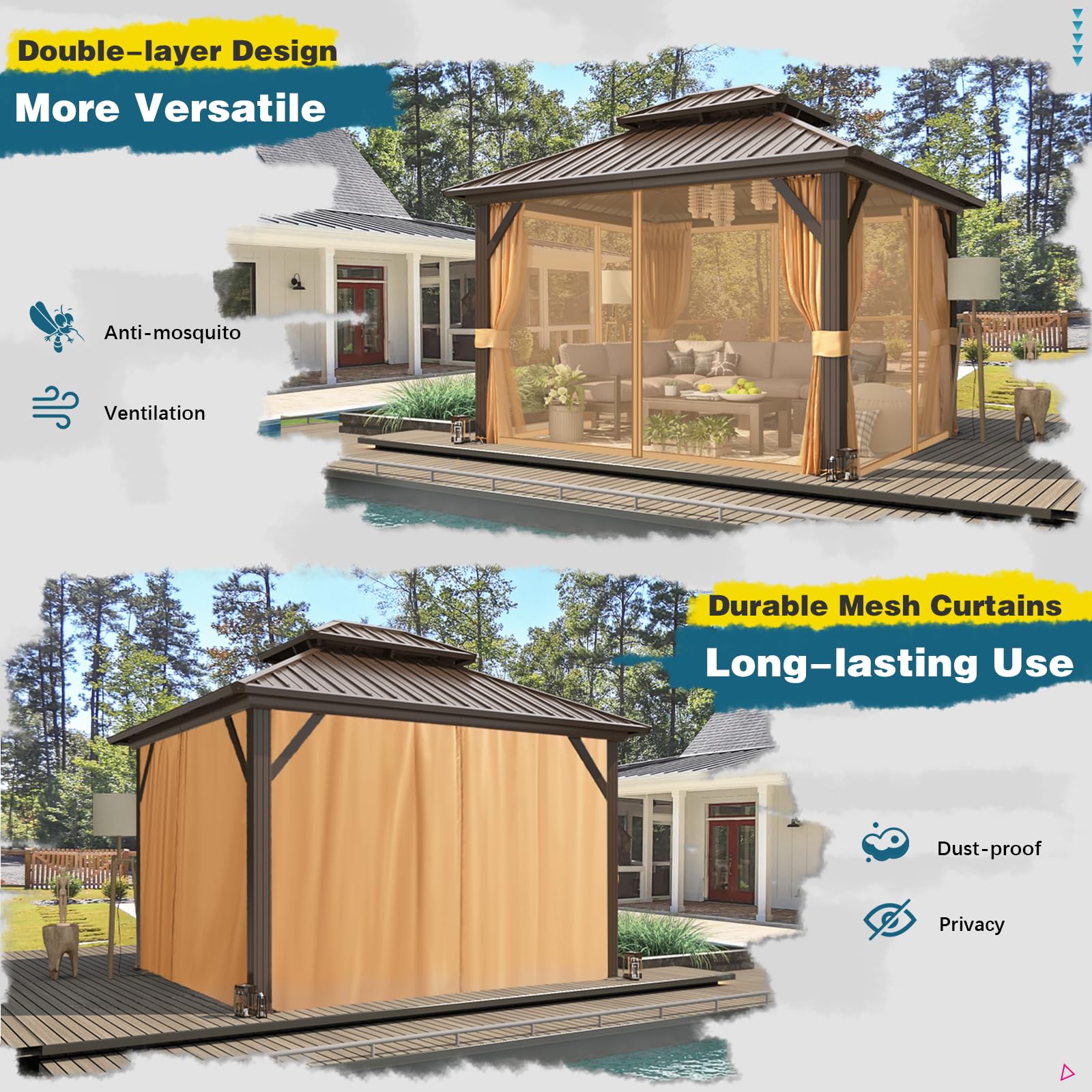 MELLCOM Hardtop Gazebo - 3 x 3.6m, Aluminum Double Roof, Brown