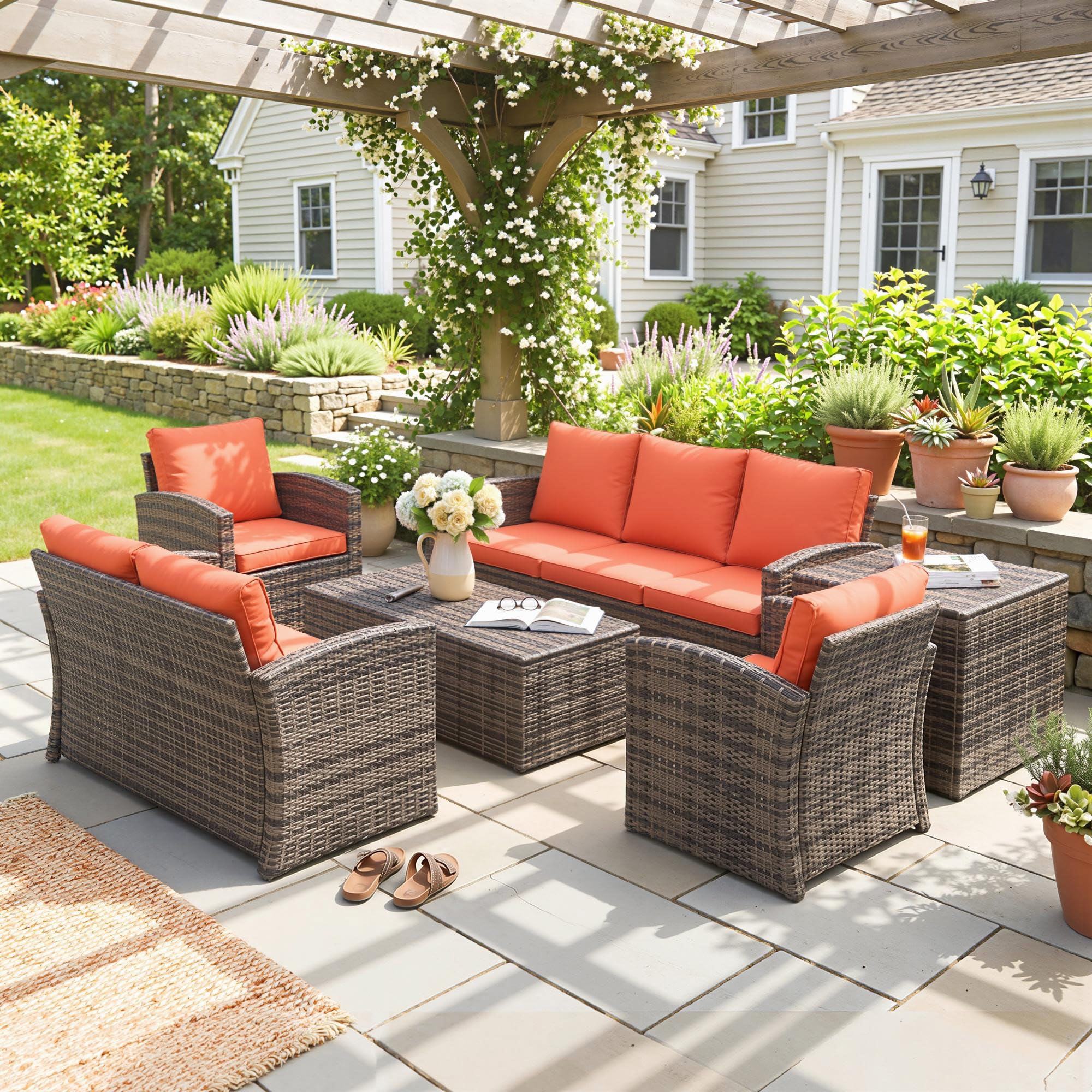 Outsunny Rattan Garden Furniture Set, 7-Seater - 6-Piece, Cushions, Grey