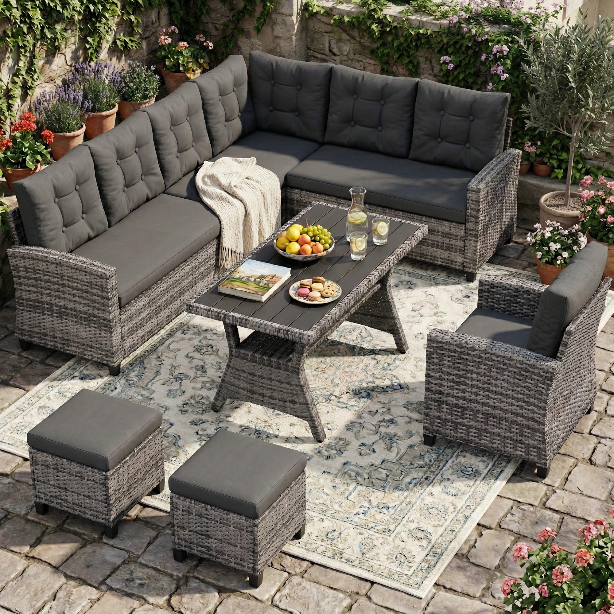 Amopatio Rattan Garden Corner Sofa Set, 9-Seater - WPC Dining Table & Storage Shelf, Grey