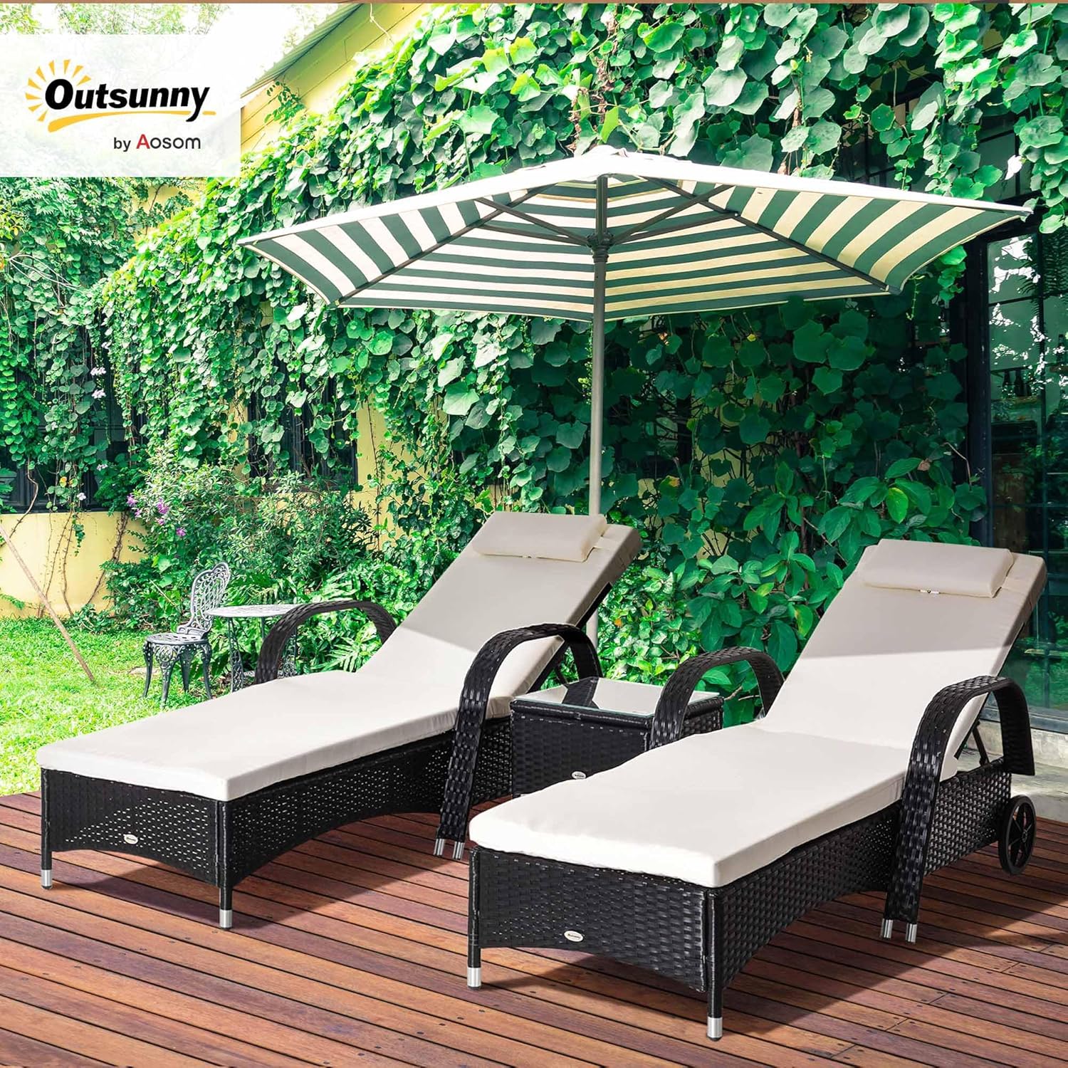 Outsunny Rattan Sun Loungers, Set of 2 - With Side Table, Black