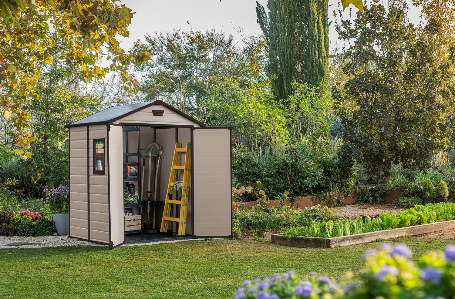 Keter Manor Apex Garden Shed - 6 x 5 ft, Double Door, Beige