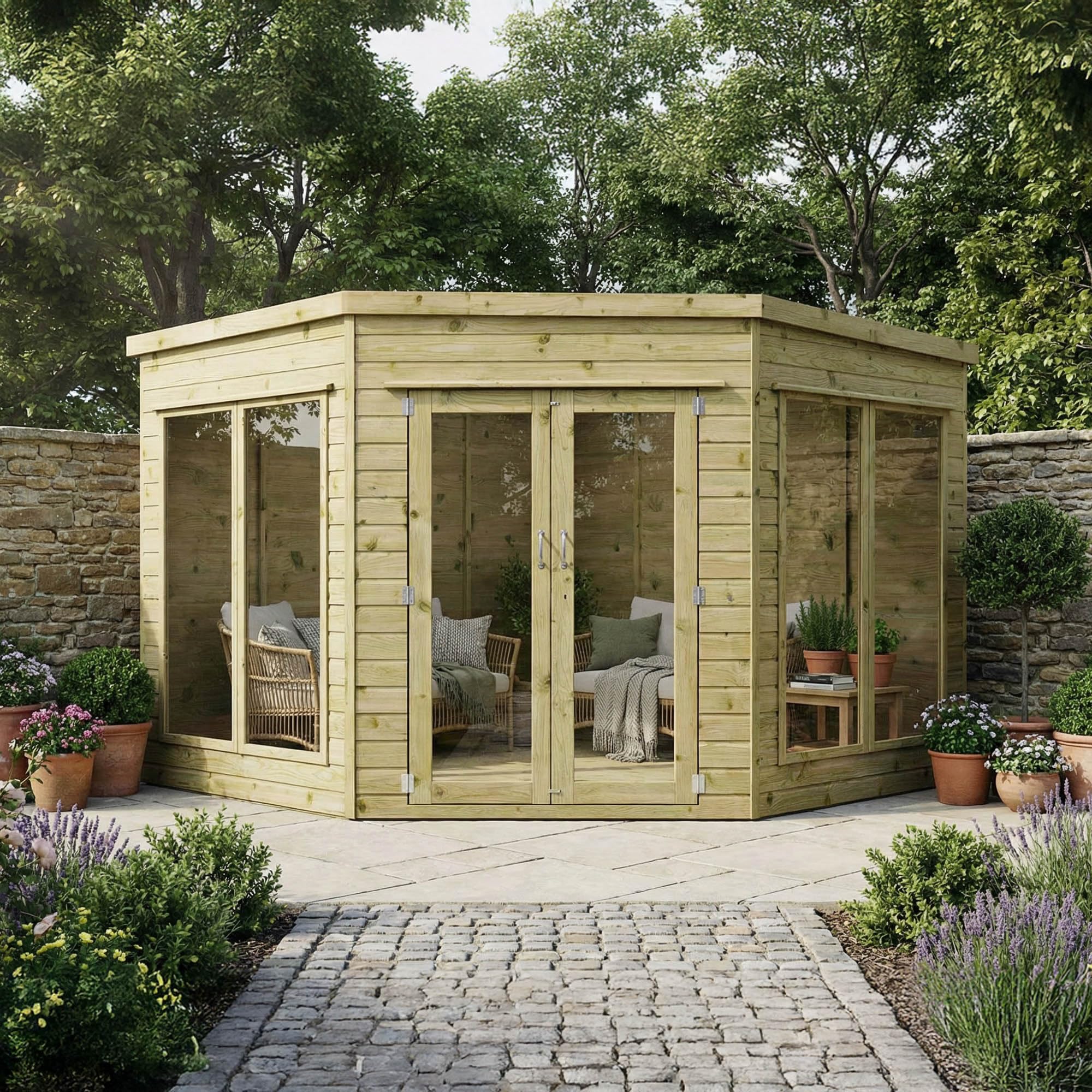 Waltons Wooden Corner Summerhouse - Shiplap Tongue & Groove, Flat Roof, Double Door, 8 x 8 ft