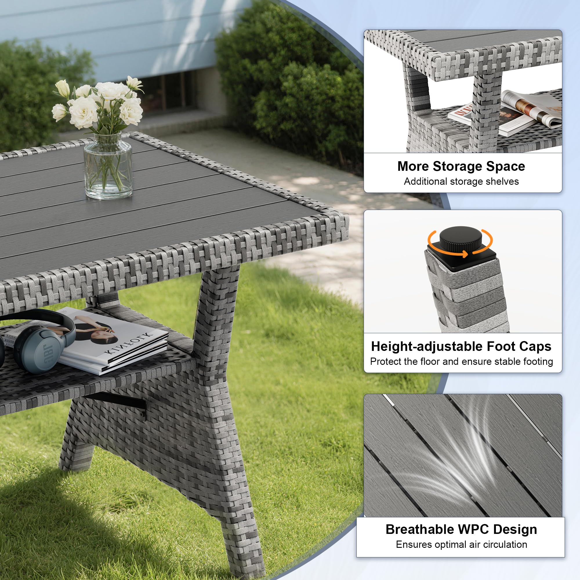 Amopatio Rattan Garden Corner Sofa Set, 9-Seater - WPC Dining Table & Storage Shelf, Grey