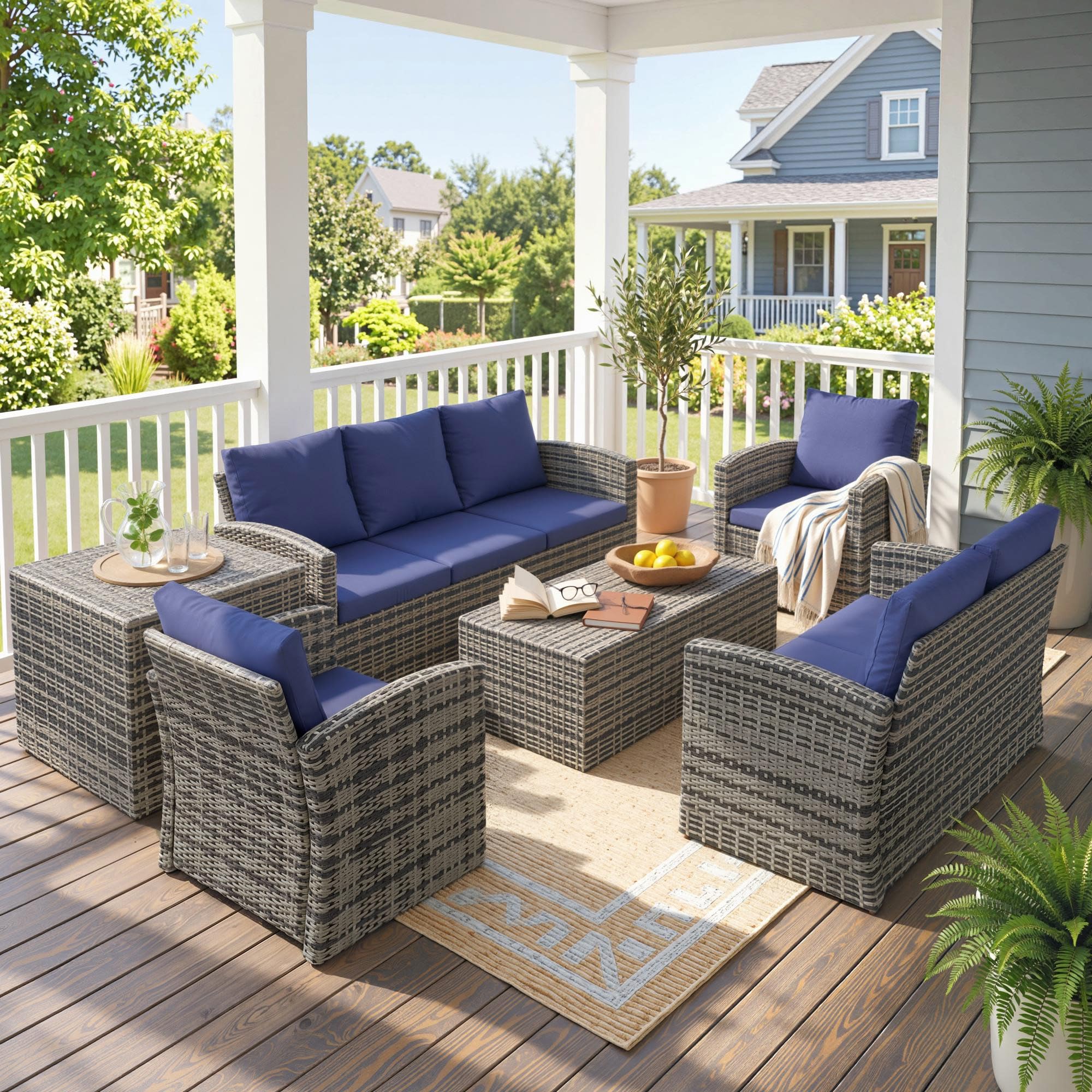Outsunny Rattan Garden Furniture Set, 7-Seater - 6-Piece, Cushions, Grey