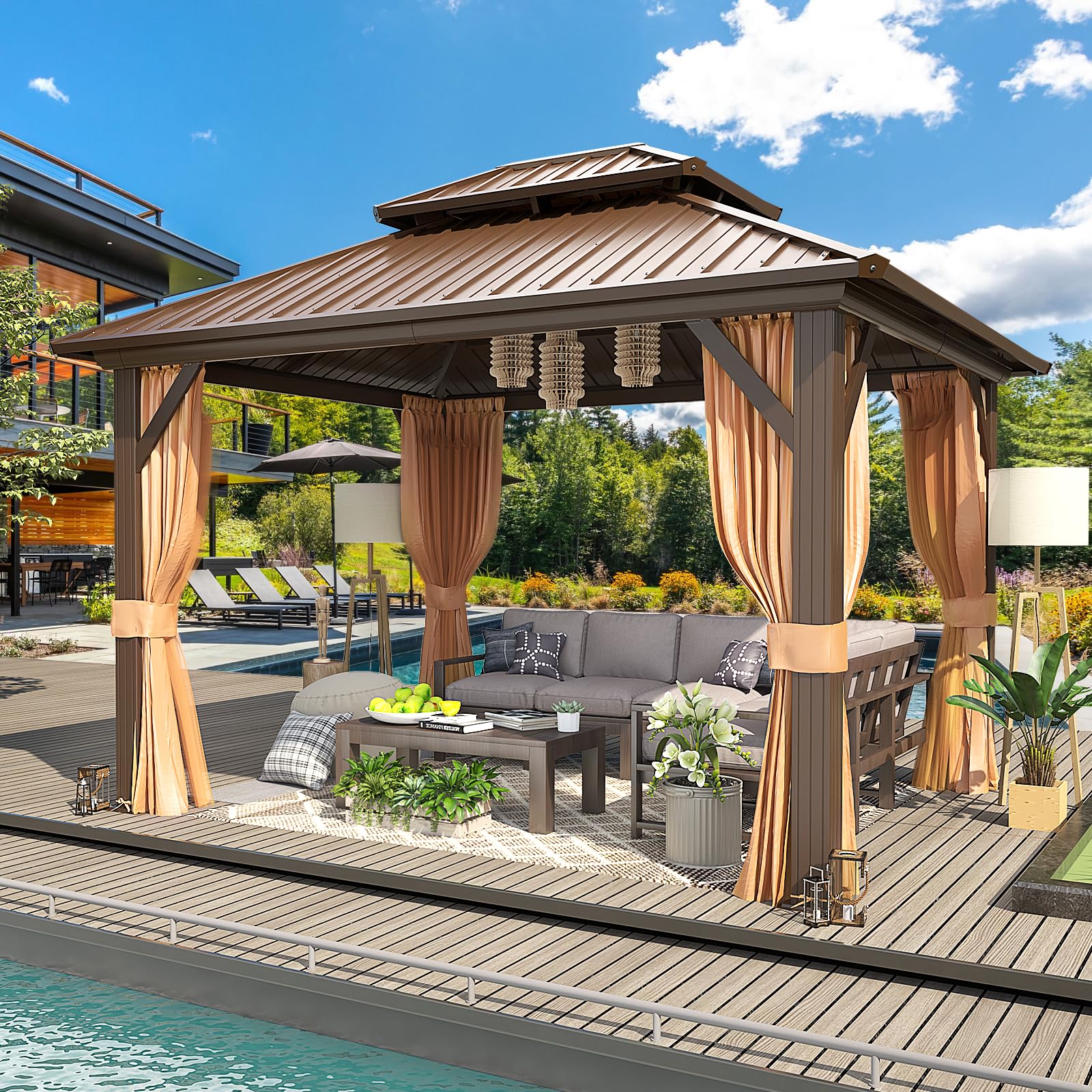 MELLCOM Hardtop Gazebo - 3 x 3.6m, Aluminum Double Roof, Brown