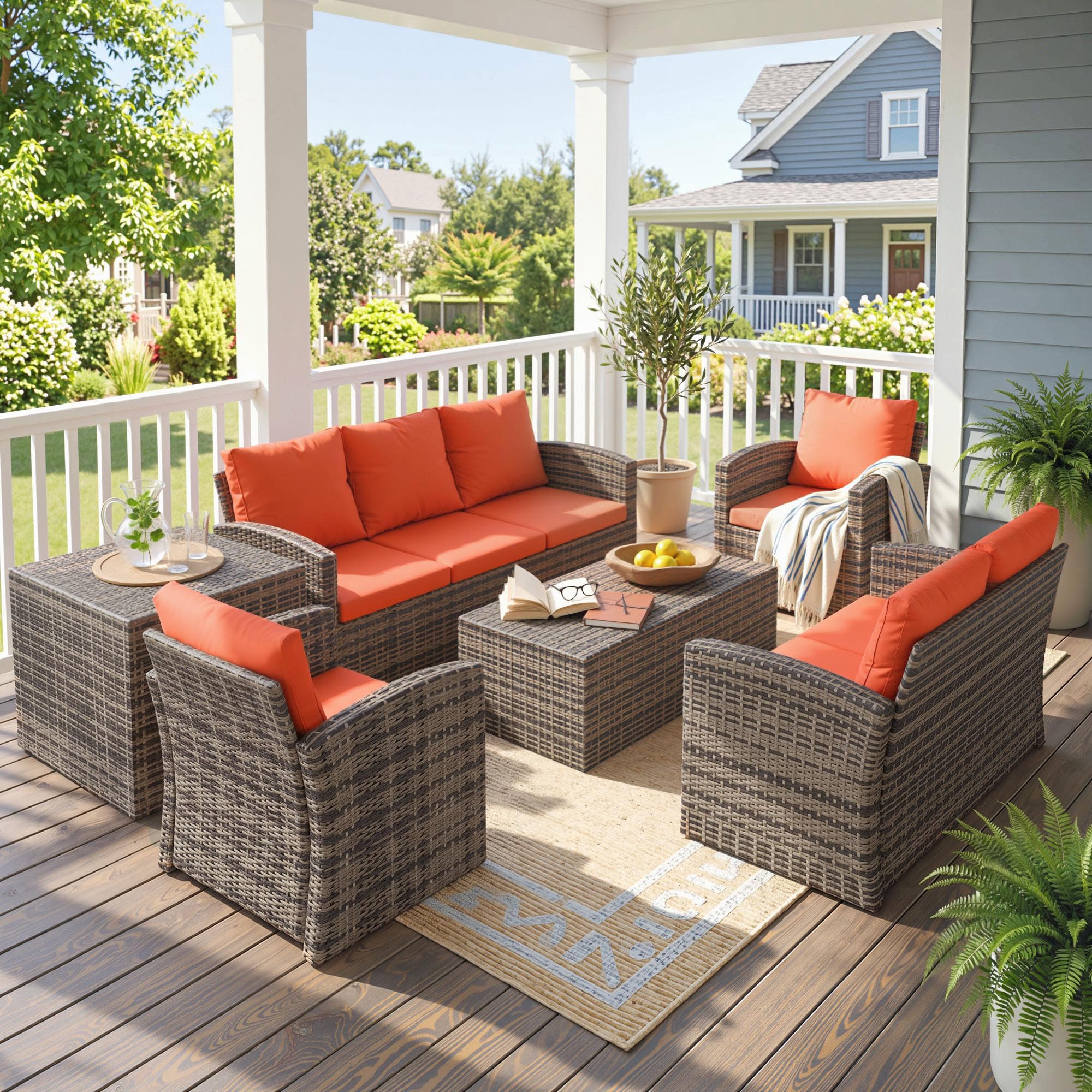 Outsunny Rattan Garden Furniture Set, 7-Seater - 6-Piece, Cushions, Grey