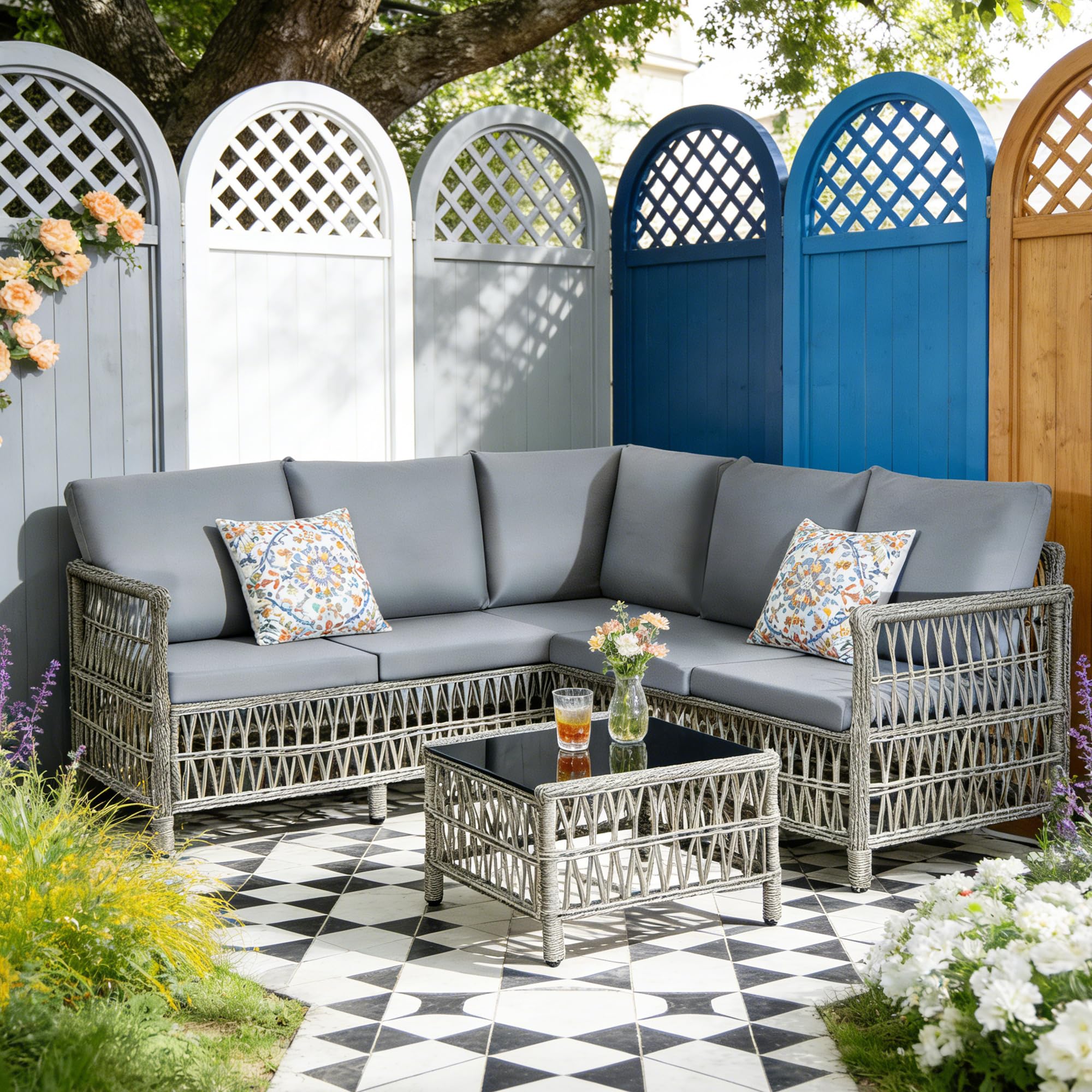 rattanstar Rattan Garden Furniture Set, 5-Seater - Corner Sofa with Glass-Top Coffee Table