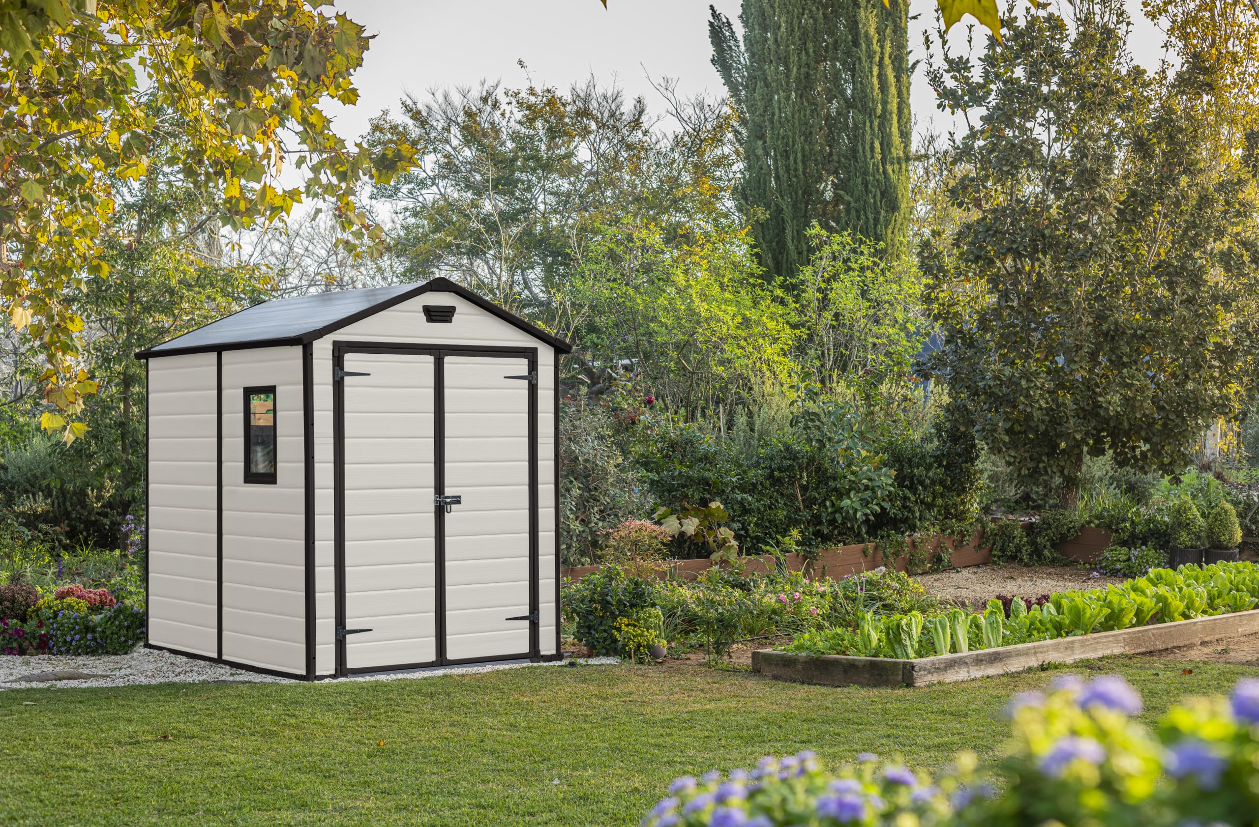 Keter Manor Apex Garden Shed - 6 x 5 ft, Double Door, Beige