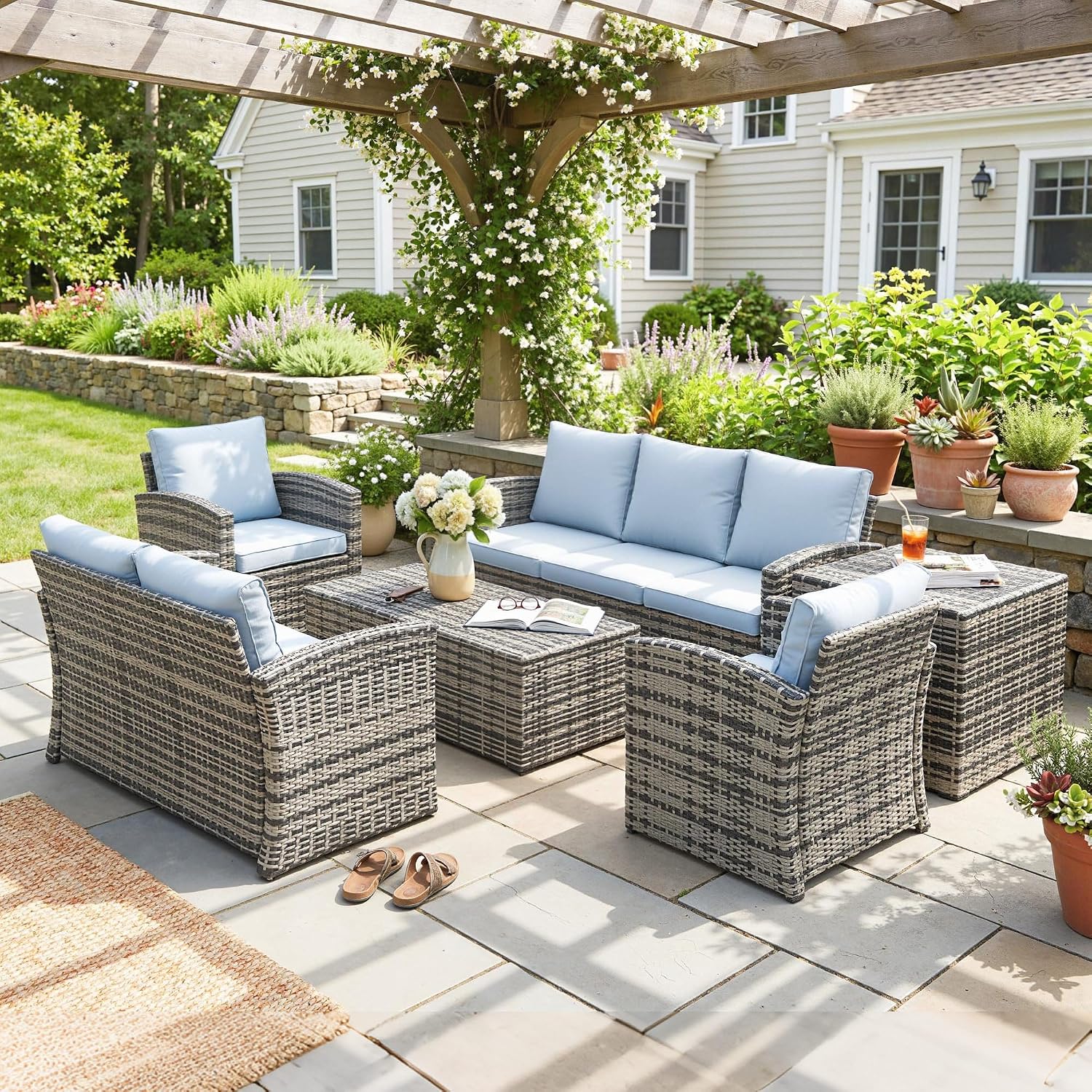 Outsunny Rattan Garden Furniture Set, 7-Seater - 6-Piece, Cushions, Grey