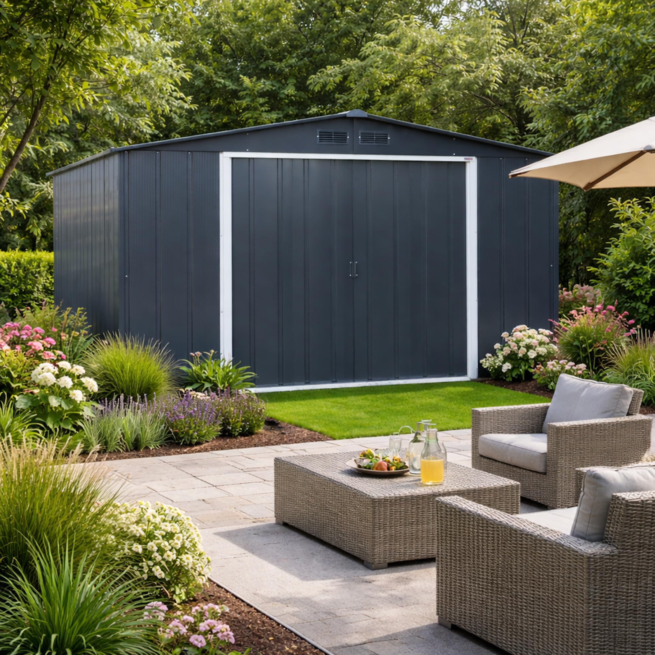 Duramax ECO Metal Garden Shed - 10 x 8 ft (7.80 m2), Galvanized Steel, Anthracite