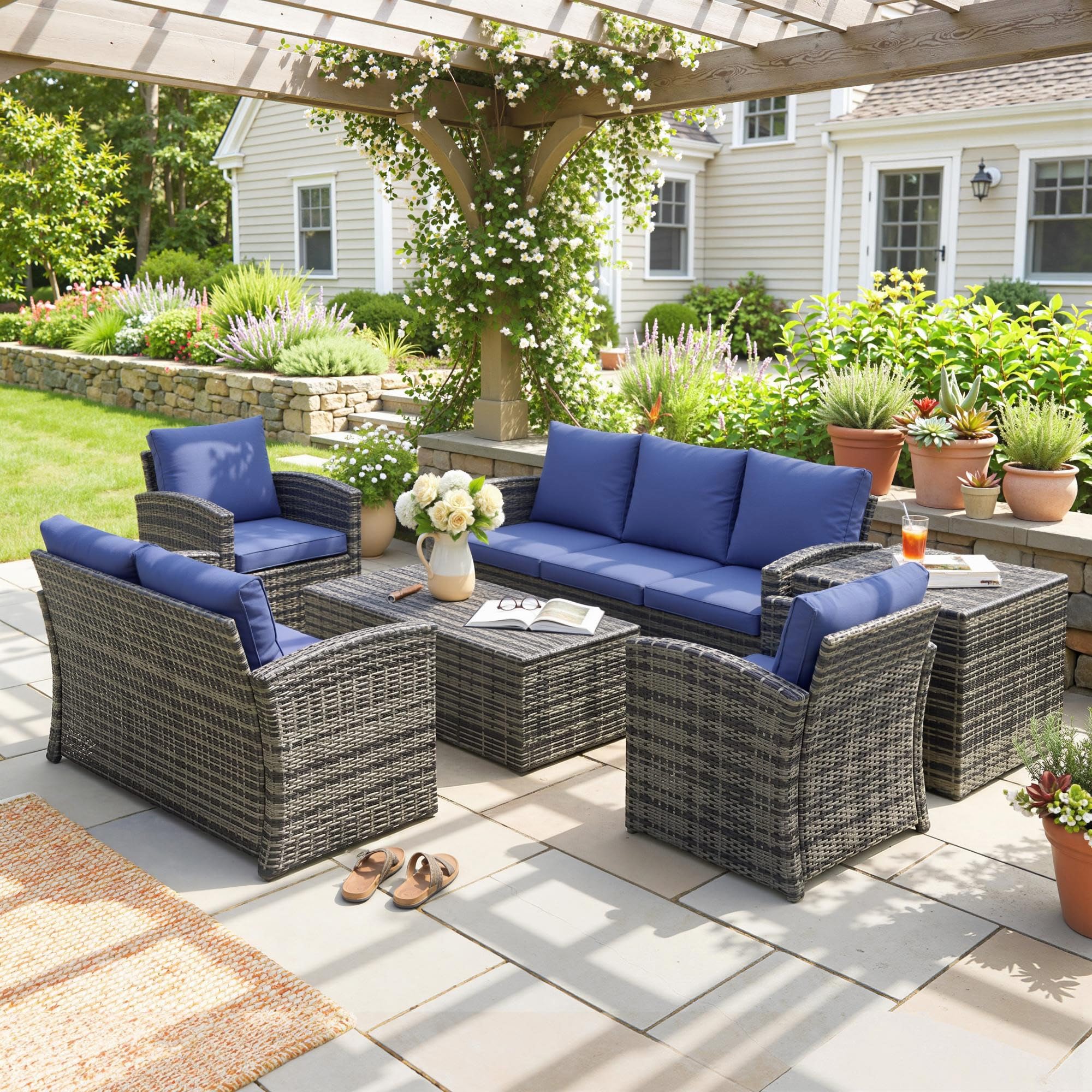 Outsunny Rattan Garden Furniture Set, 7-Seater - 6-Piece, Cushions, Grey