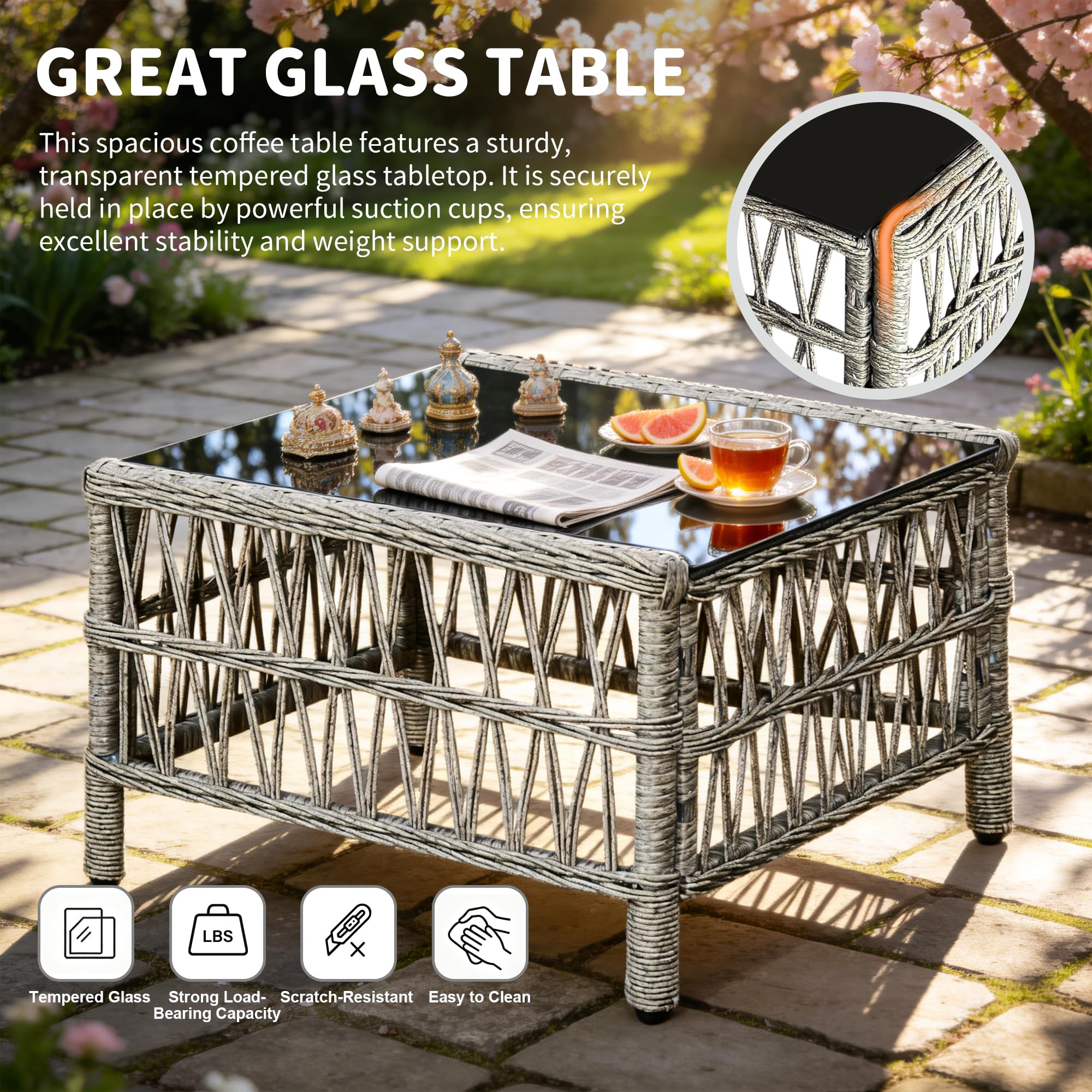 rattanstar Rattan Garden Furniture Set, 5-Seater - Corner Sofa with Glass-Top Coffee Table