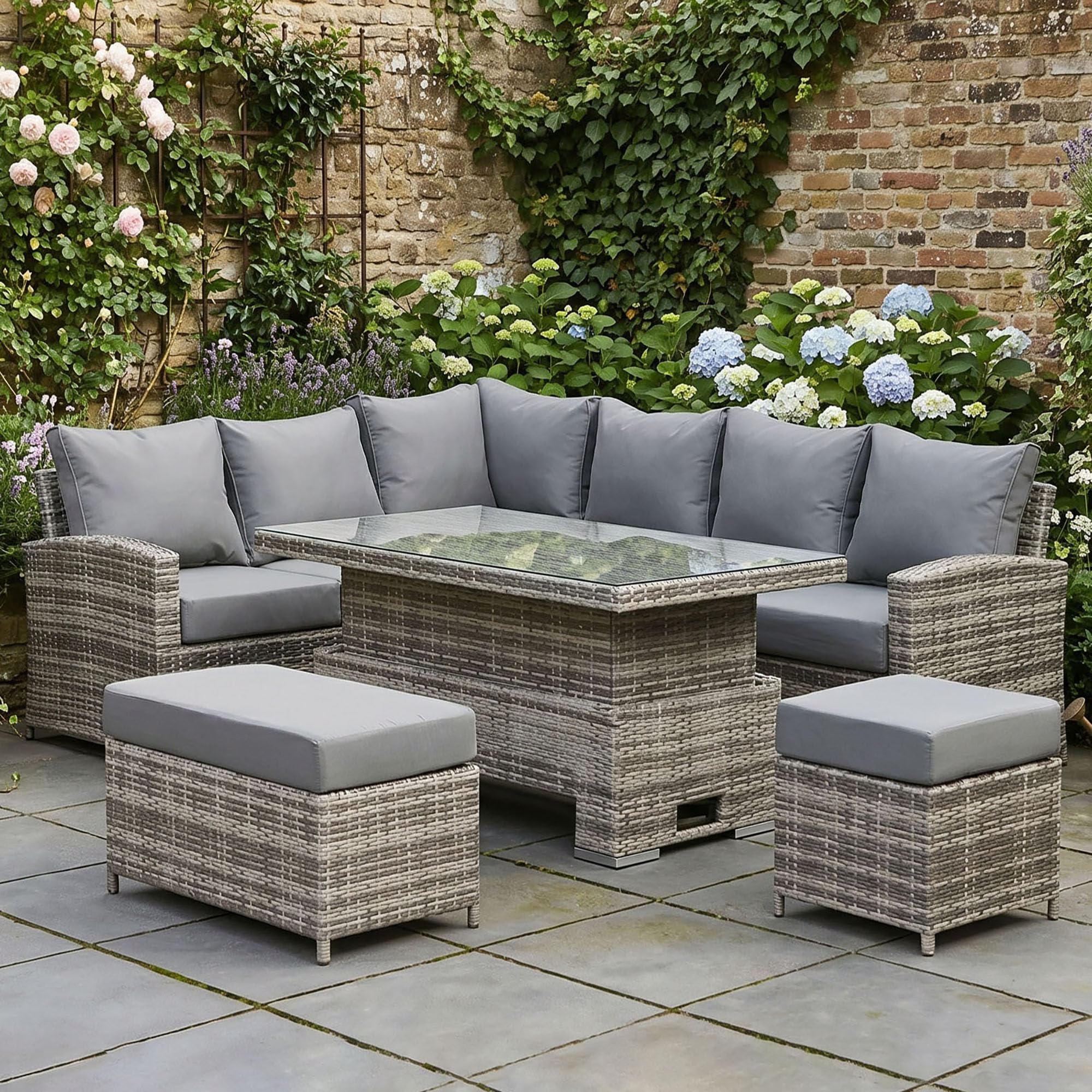 Club Rattan Harmony Corner Sofa Set, 9-Seater - High Back, Left Hand, Rising Table, Grey