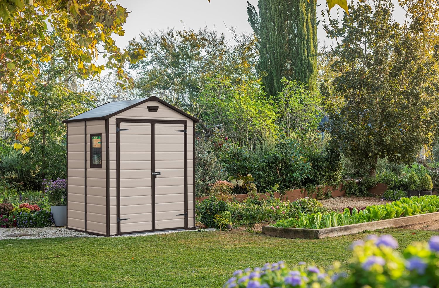 Keter Manor Apex Garden Shed - 6 x 5 ft, Double Door, Beige
