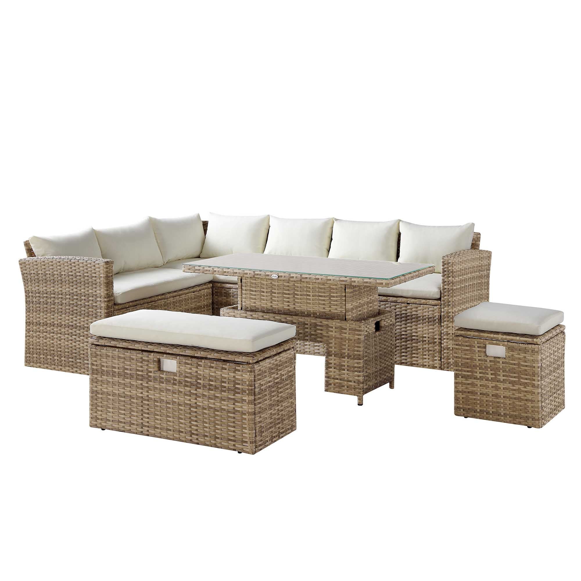 Granchester Rattan Corner Dining Sofa Set - Rectangular Rising Table, Natural