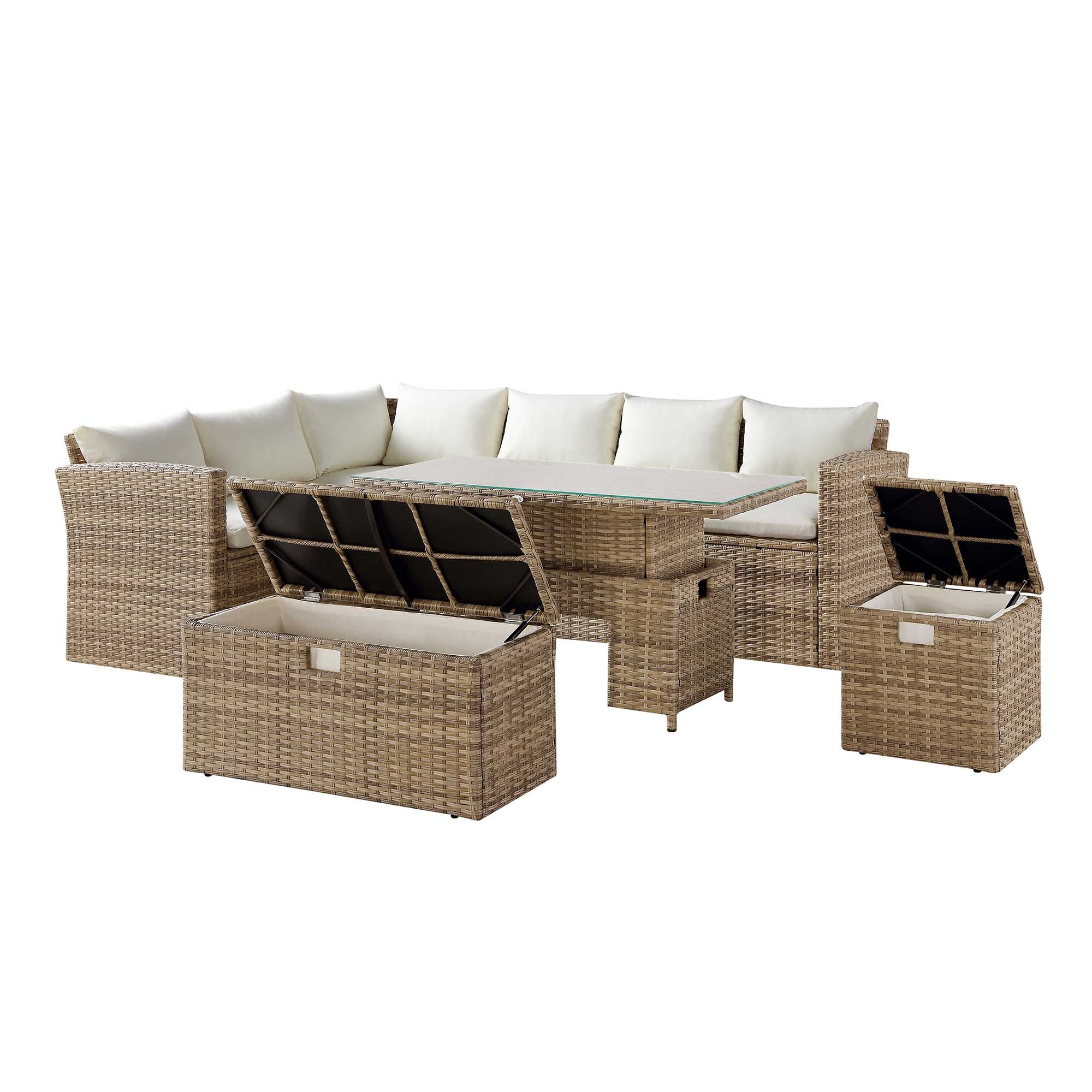Granchester Rattan Corner Dining Sofa Set - Rectangular Rising Table, Natural