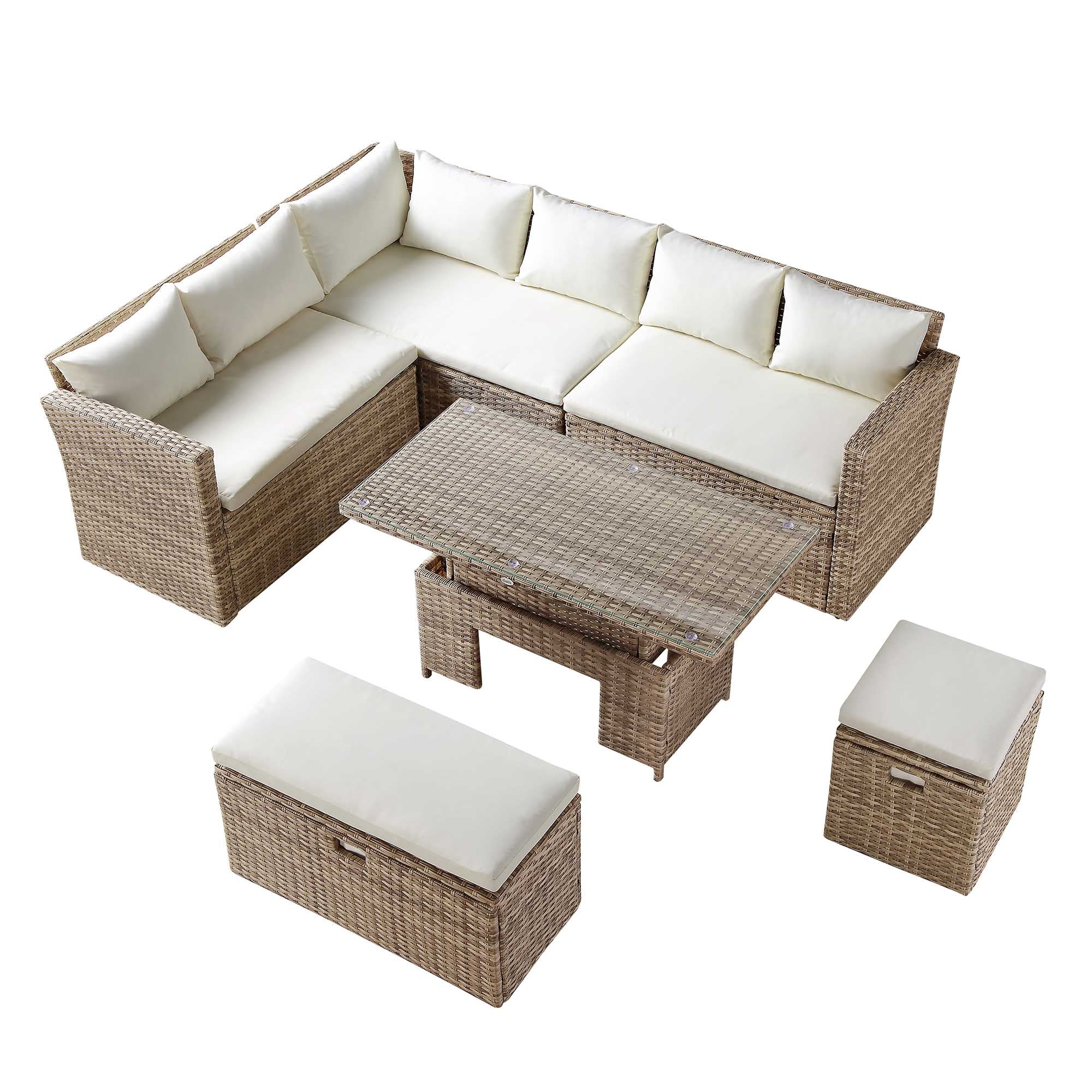 Granchester Rattan Corner Dining Sofa Set - Rectangular Rising Table, Natural