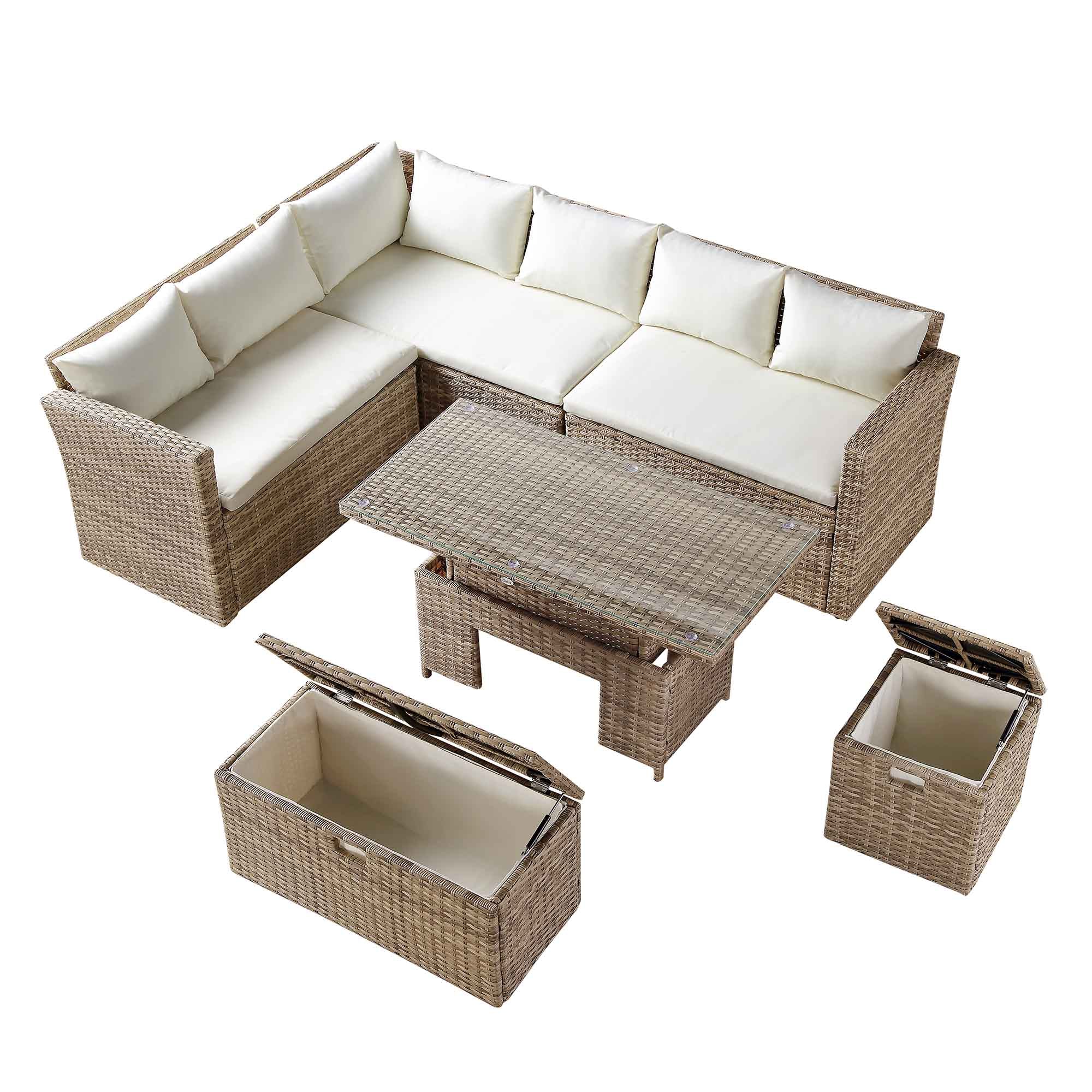 Granchester Rattan Corner Dining Sofa Set - Rectangular Rising Table, Natural