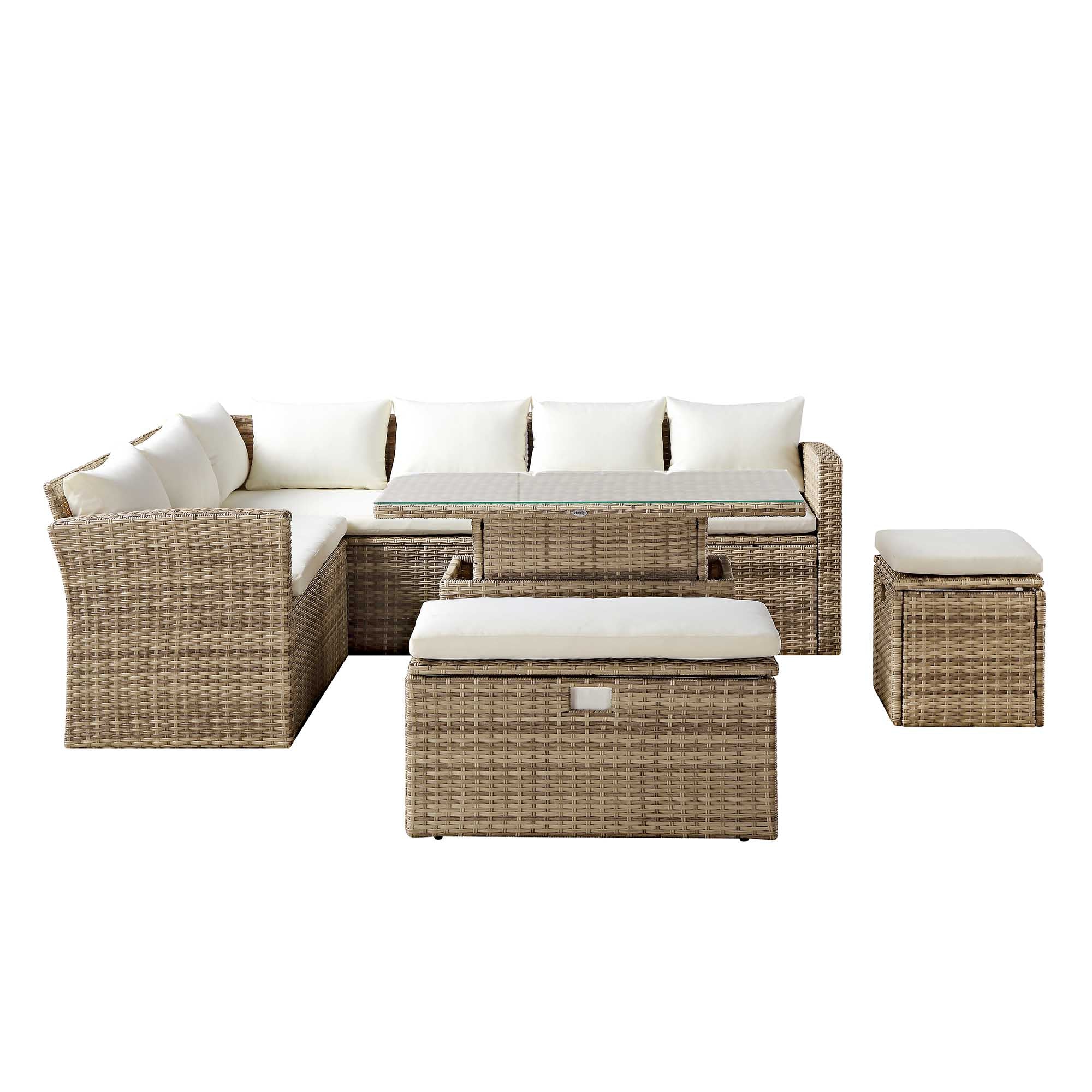 Granchester Rattan Corner Dining Sofa Set - Rectangular Rising Table, Natural