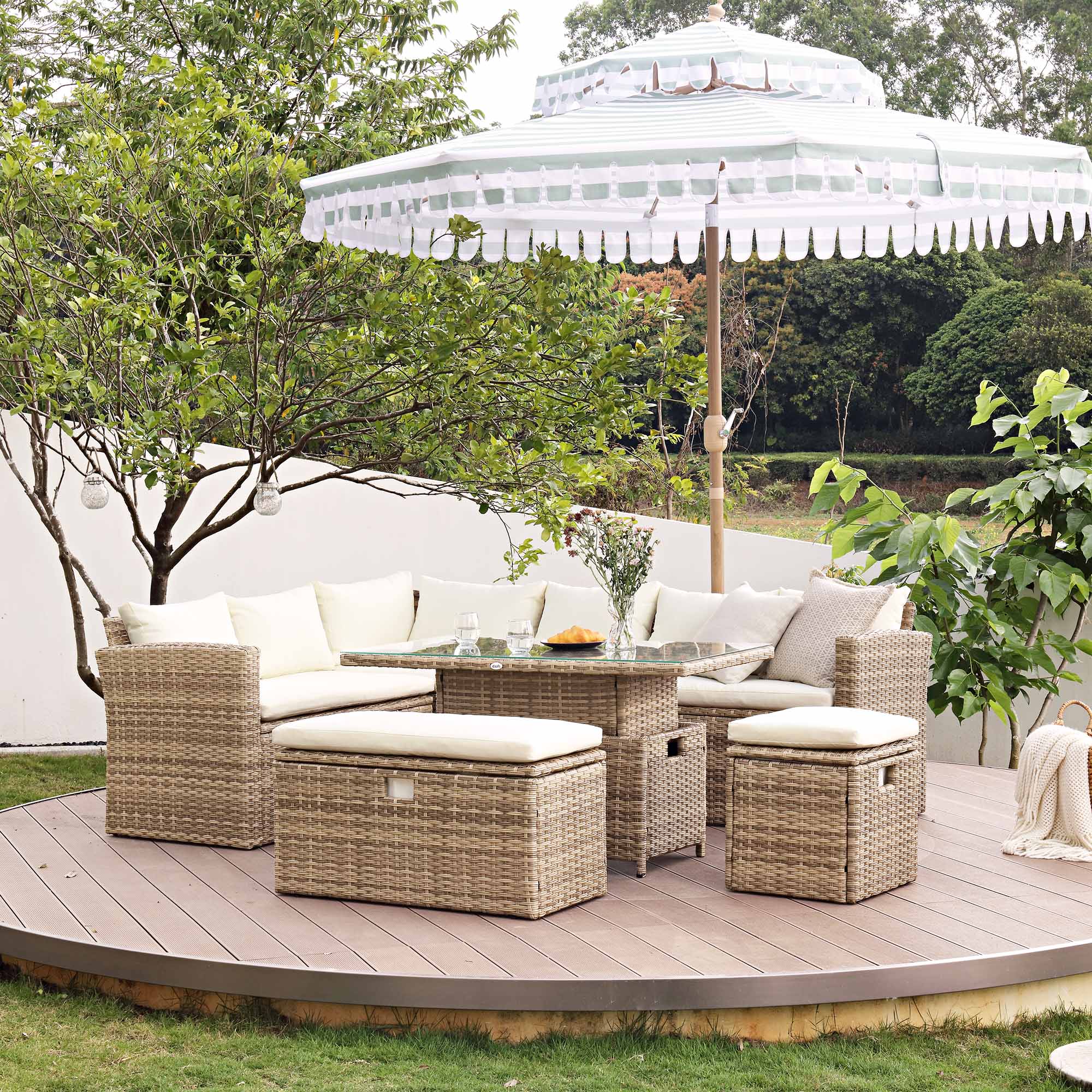 Granchester Rattan Corner Dining Sofa Set - Rectangular Rising Table, Natural