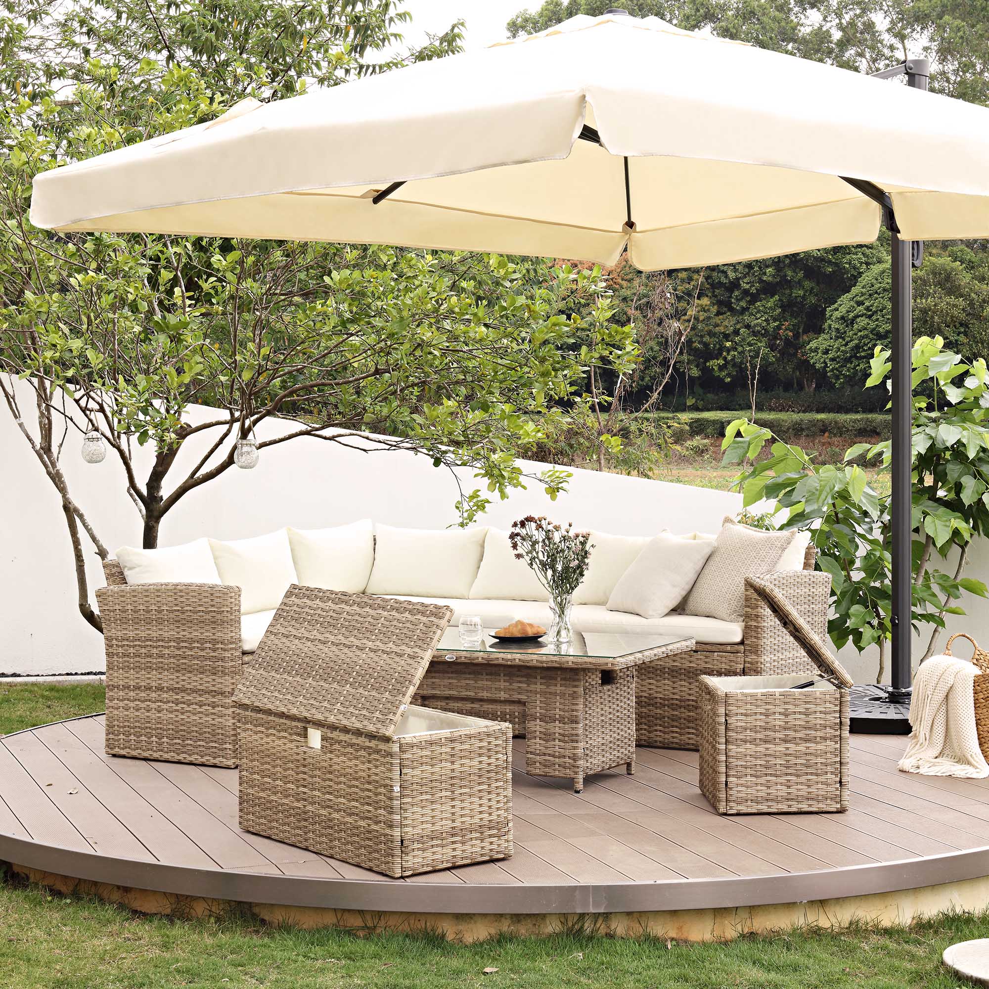 Granchester Rattan Corner Dining Sofa Set - Rectangular Rising Table, Natural